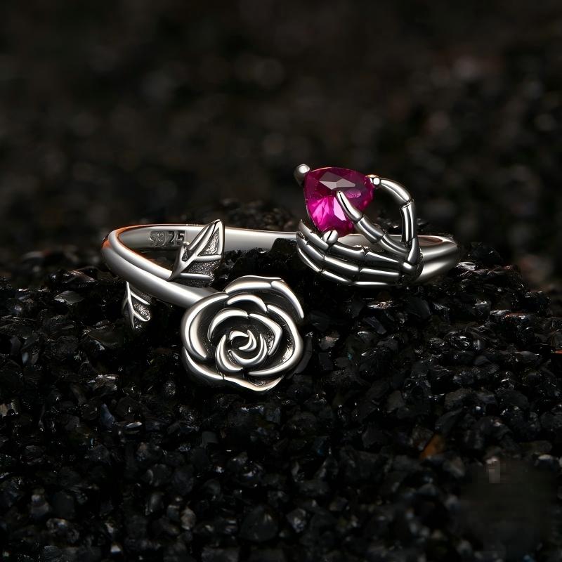 “Rosebound Soul” S925 Sterling Silver Open Adjustable Skull Hand Rose Ring