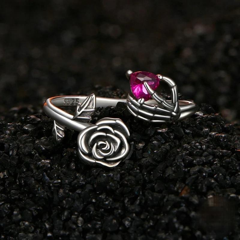 “Rose Skull” S925 Sterling Silver Adjustable Gothic Halloween Ring