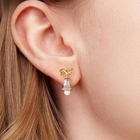 “Winter Jingle” S925 Sterling Silver Christmas Bell Bow Stud Earrings