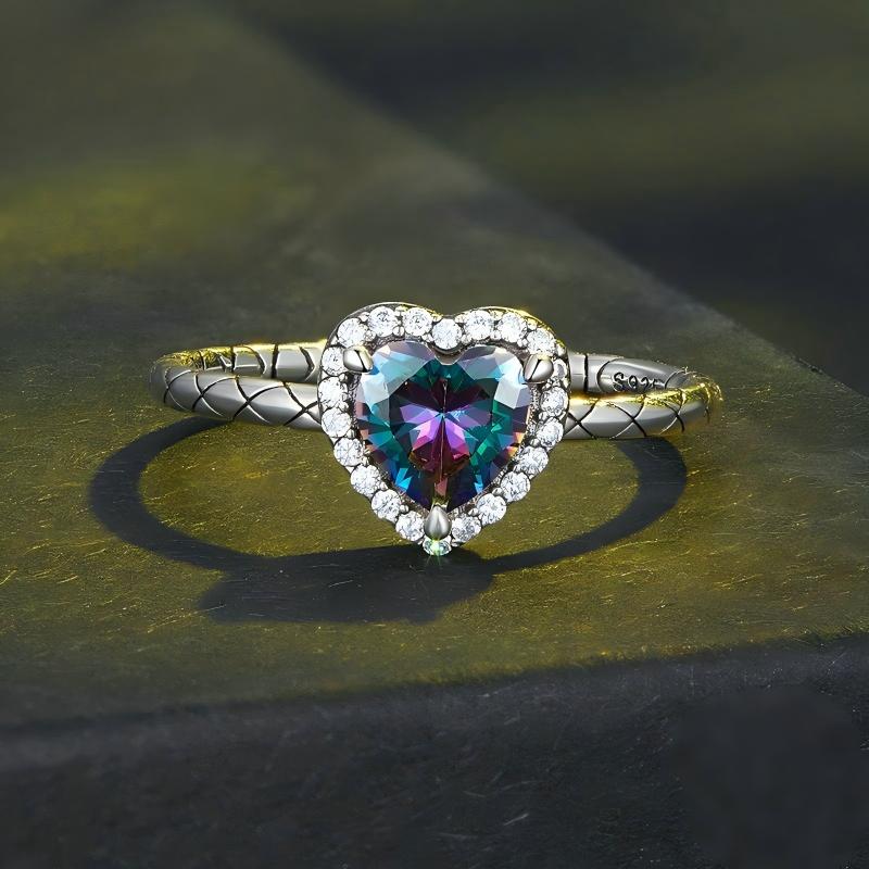 “Midnight Rainbow” S925 Sterling Silver Colorful Heart Vintage Ring