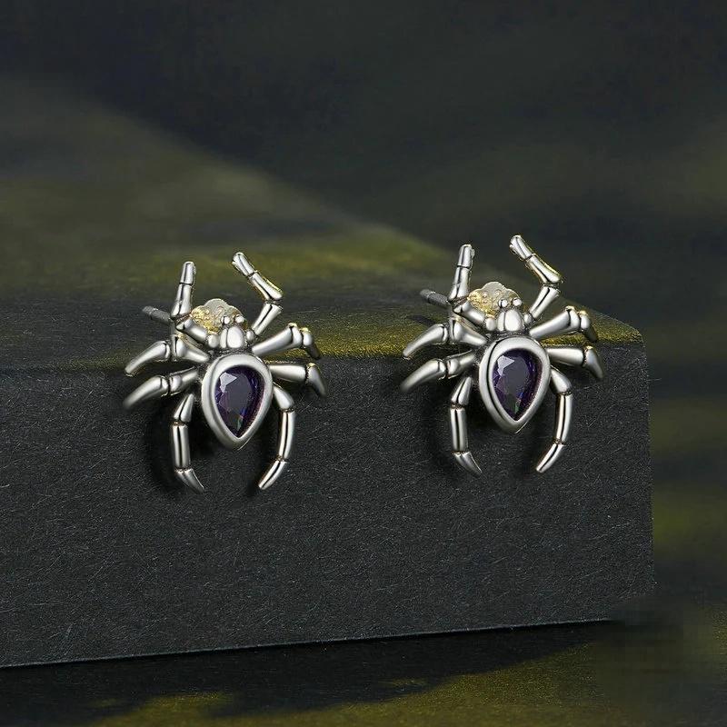 “Web Noir” S925 Sterling Silver Zircon Spider Stud Earrings