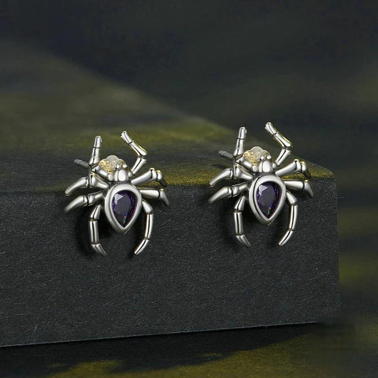 “Web Noir” S925 Sterling Silver Zircon Spider Stud Earrings