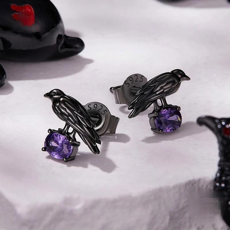 “Raven Noir” S925 Sterling Silver Gothic Raven Stud Earrings
