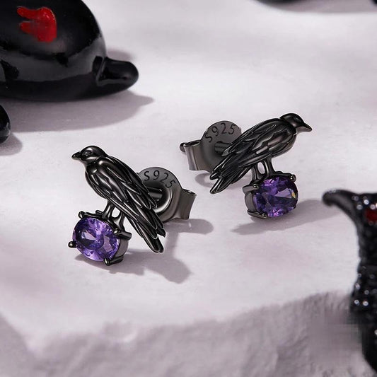 “Raven Noir” S925 Sterling Silver Gothic Raven Stud Earrings