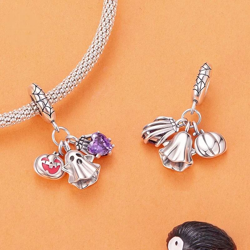 “Haunted Trio” S925 Sterling Silver Halloween Ghost Pumpkin Skull Pendant Bead
