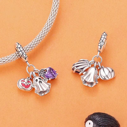 “Haunted Trio” S925 Sterling Silver Halloween Ghost Pumpkin Skull Pendant Bead