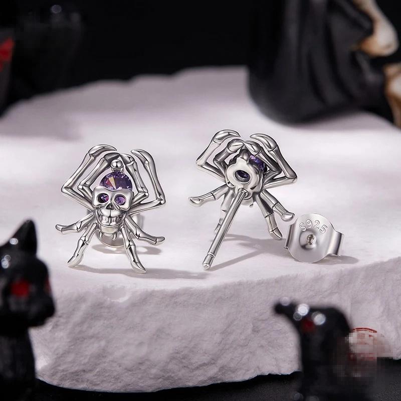 “Spider Skull” S925 Sterling Silver Gothic Halloween Stud Earrings