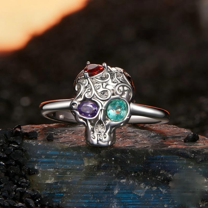 “Eternal Bond” S925 Sterling Silver Open Adjustable Skull Ring with Zircon