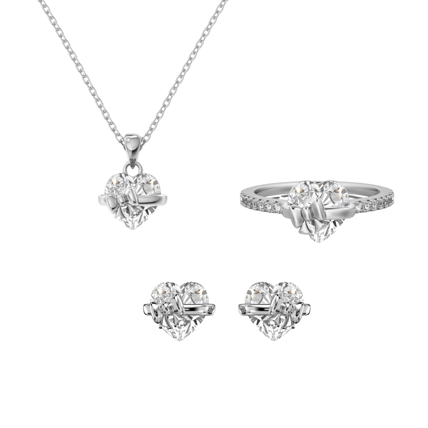 Ribbon Serenade Heart Bow Jewelry Set 925 Sterling Silver