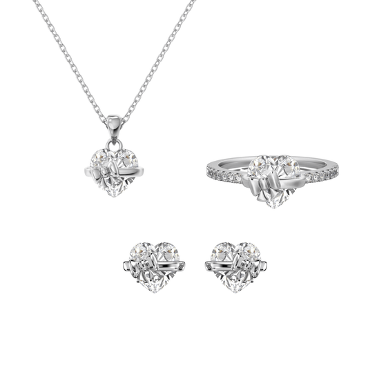 Ribbon Serenade Heart Bow Jewelry Set 925 Sterling Silver