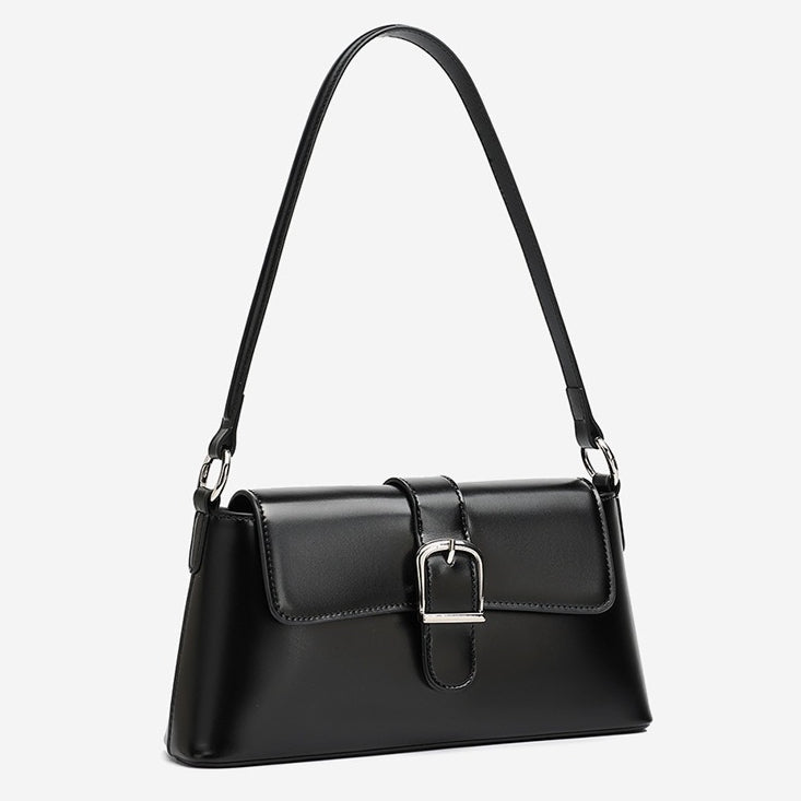 Women's Genuine Leather Vintage Baguette Shoulder Bag with Buckle