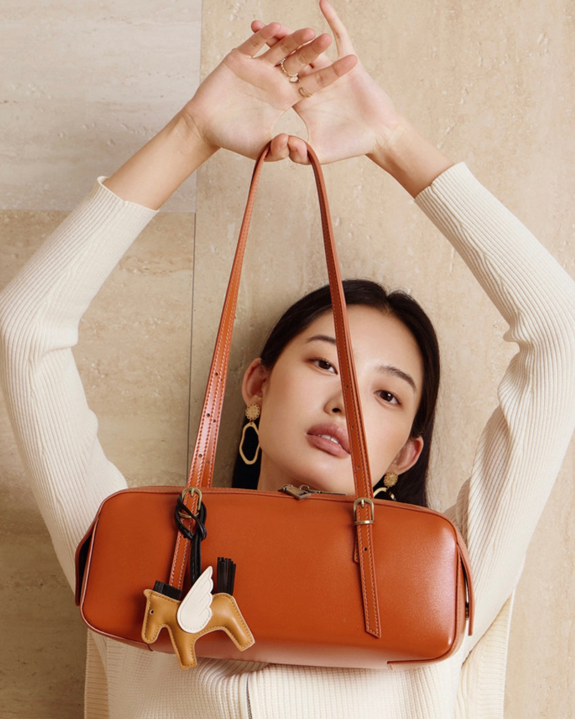 Women's Genuine Leather Retro Bowling Shoulder Bag with Horse Charm