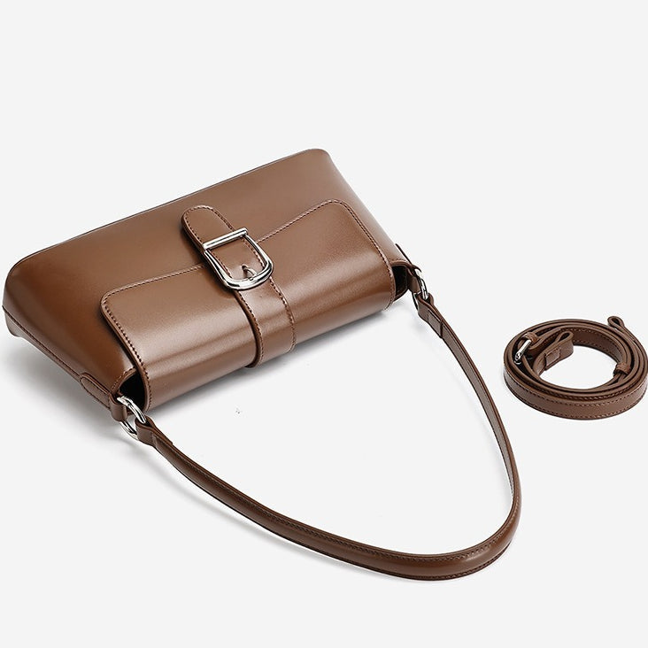 Women's Genuine Leather Vintage Baguette Shoulder Bag with Buckle