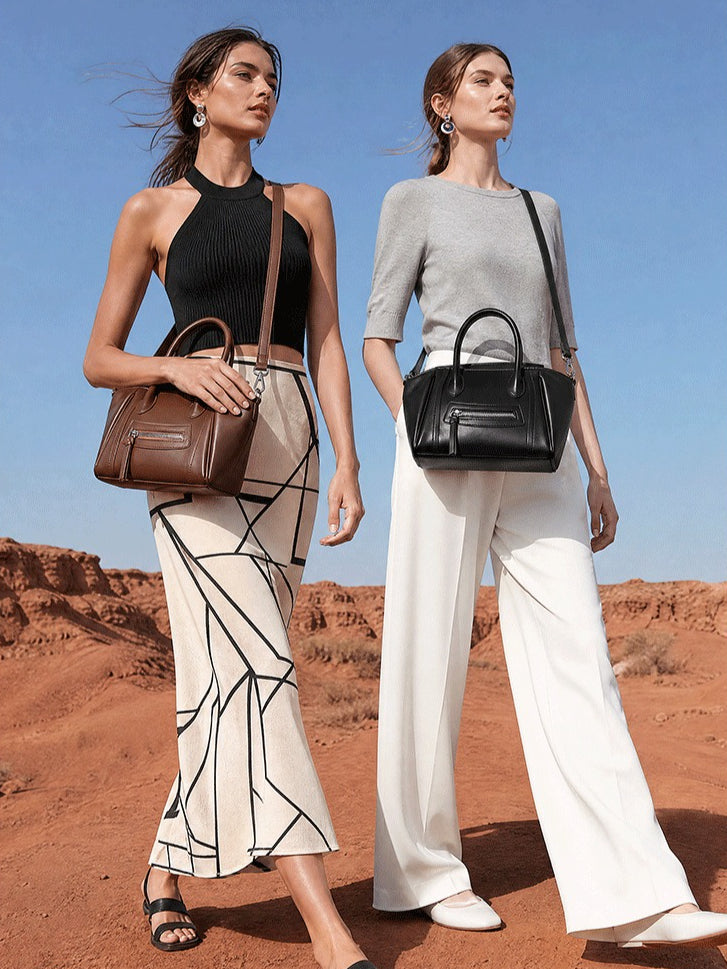 Women's Soft Cowhide Winged Flap Satchel with Adjustable Strap