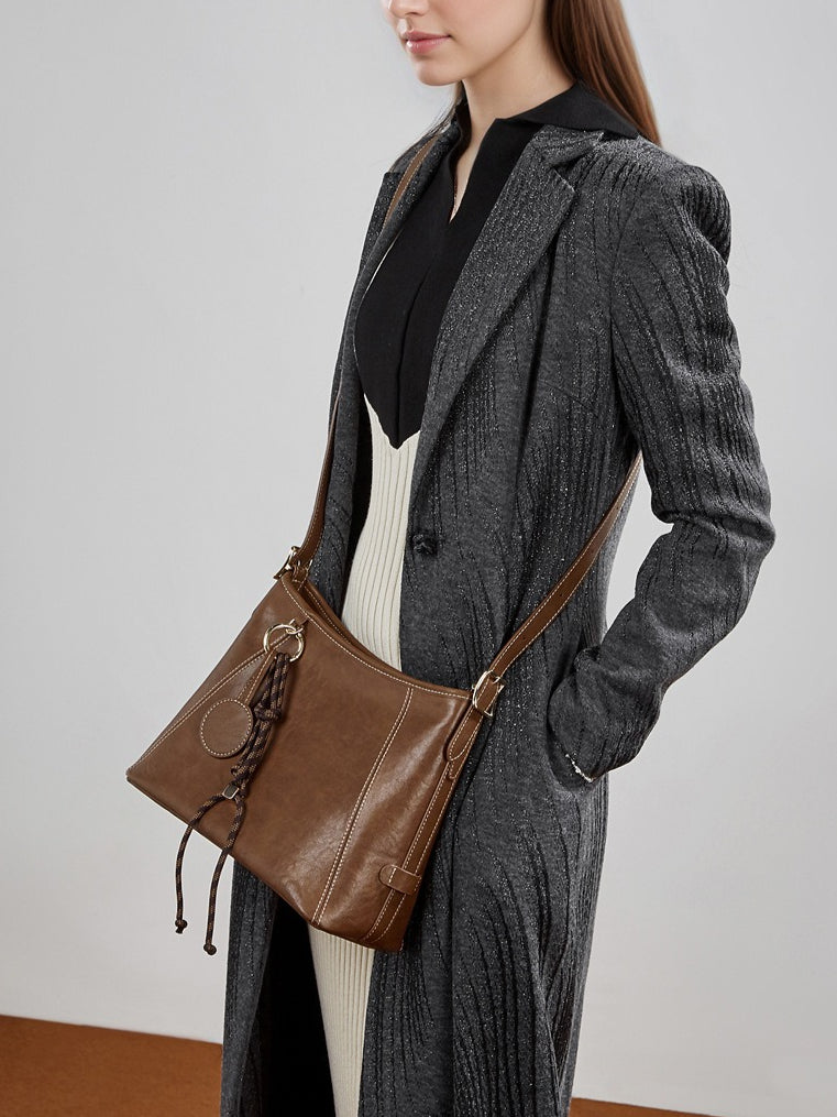 Women's Full-Grain Cowhide Contrast Stitch Hobo Bag