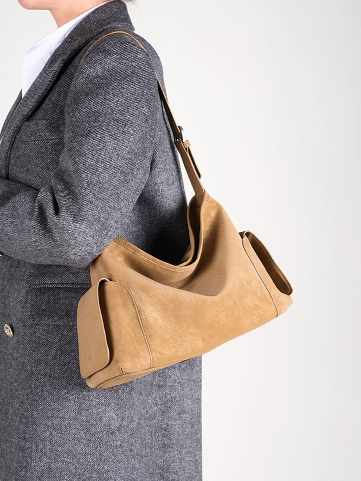 Women's Full-Grain Cowhide Slouchy Shoulder Bag with Side Pockets