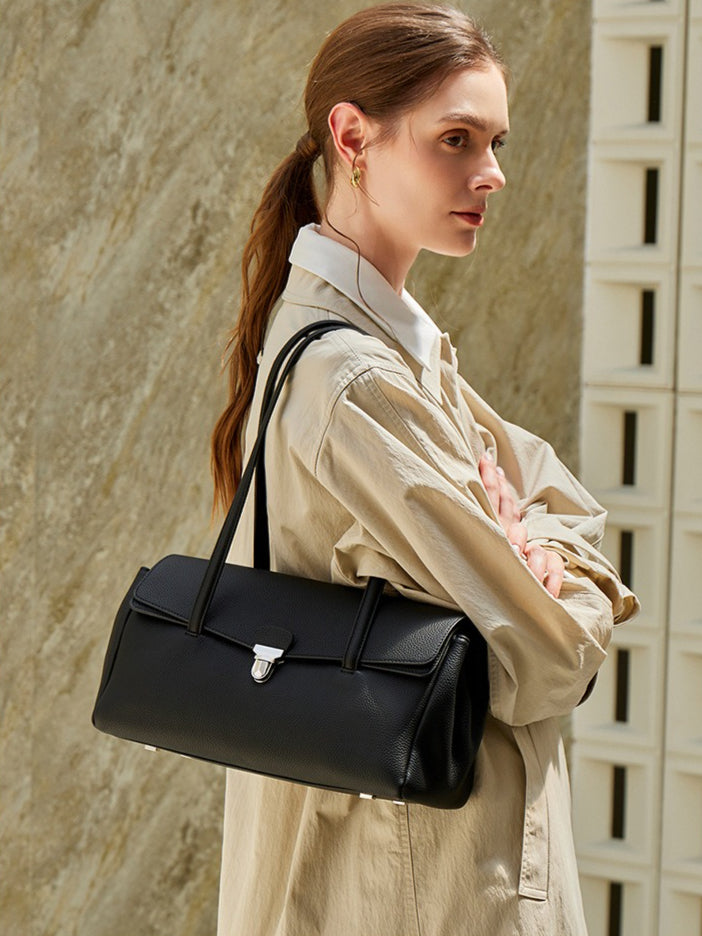 Women's Pebbled Cowhide Flap Tote with Twist-Lock Closure