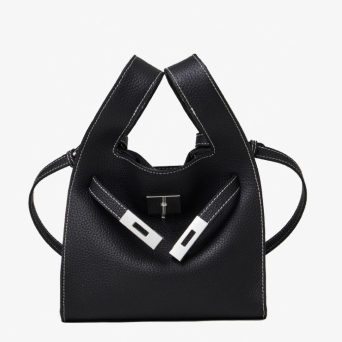 Women's Pebbled Cowhide Twist-Lock Bucket Bag with Inner Pouch