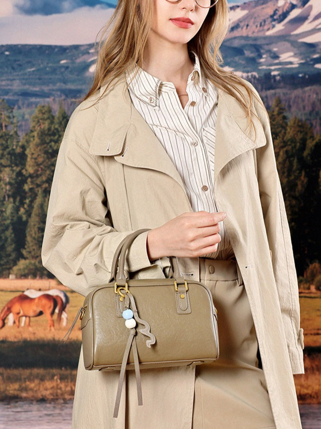 Women's Genuine Leather Boston Bag with Wavy Charm
