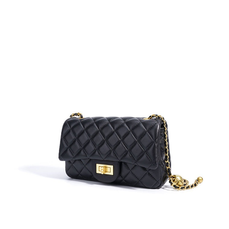 Women's Quilted Sheepskin Flap Bag with Adjustable Gold Chain