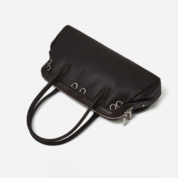 Women's Plain Cowhide Seashell Boston Bag with Double Zipper