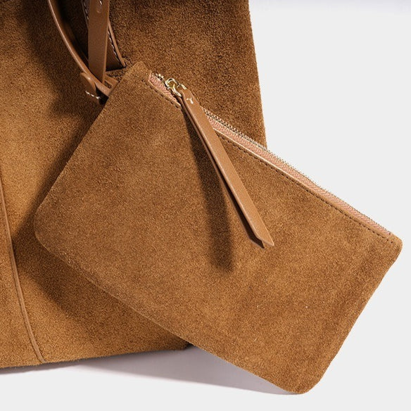 Women's Genuine Suede Tote Bag with Detachable Pouches