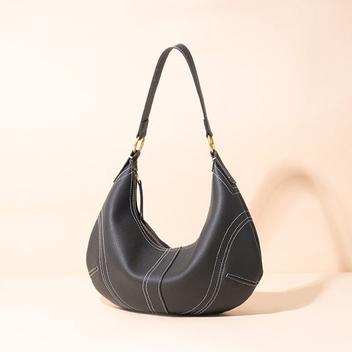 Women's Pebbled Cowhide Curved Hobo Bag with Contrast Stitching