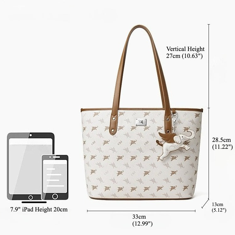 Women's Flying Elephant Printed Tote Bag with Detachable Charm