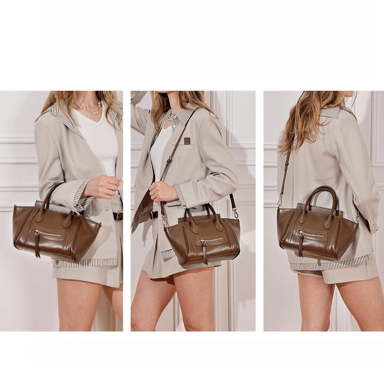 Women's Soft Cowhide Winged Flap Satchel with Adjustable Strap