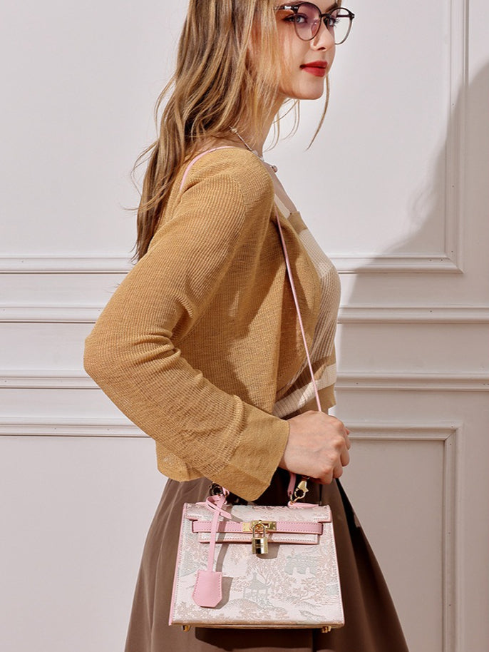 Women's Brocade Genuine Leather Kelly Bag with Padlock Charm