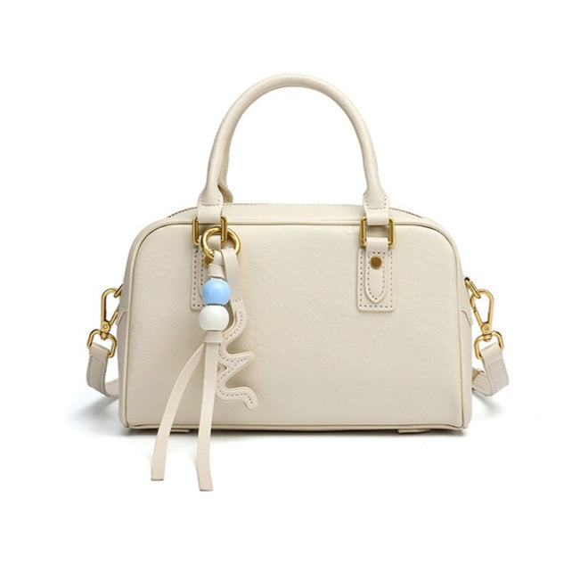 Women's Genuine Leather Boston Bag with Wavy Charm