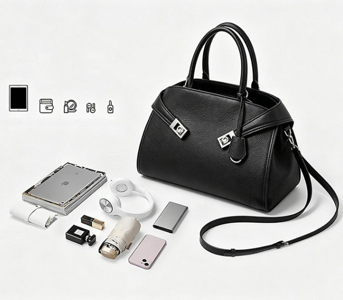 Women's Lychee-Grain Cowhide Double-Buckle Convertible Tote