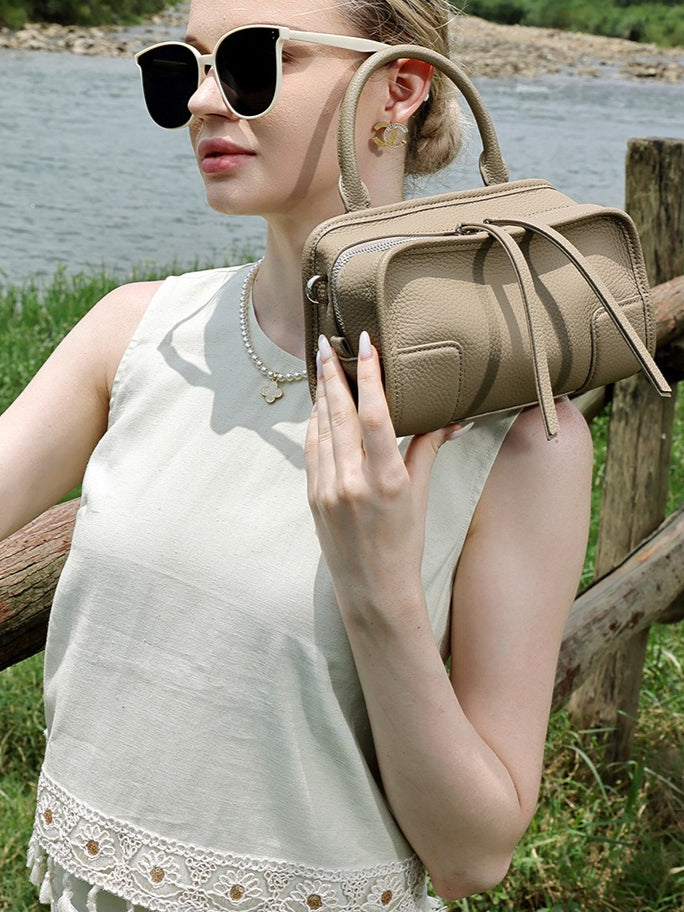 Women's Pebbled Cowhide Boston Bag with Detachable Straps