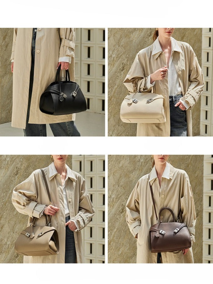 Women's Lychee-Grain Cowhide Double-Buckle Convertible Tote