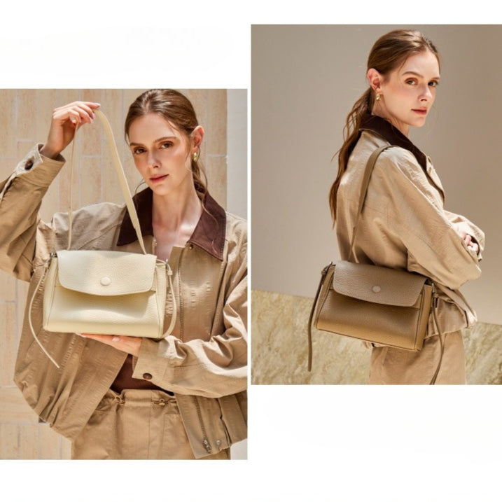 Women's Lychee-Grain Cowhide Flap Bag with Top Handle