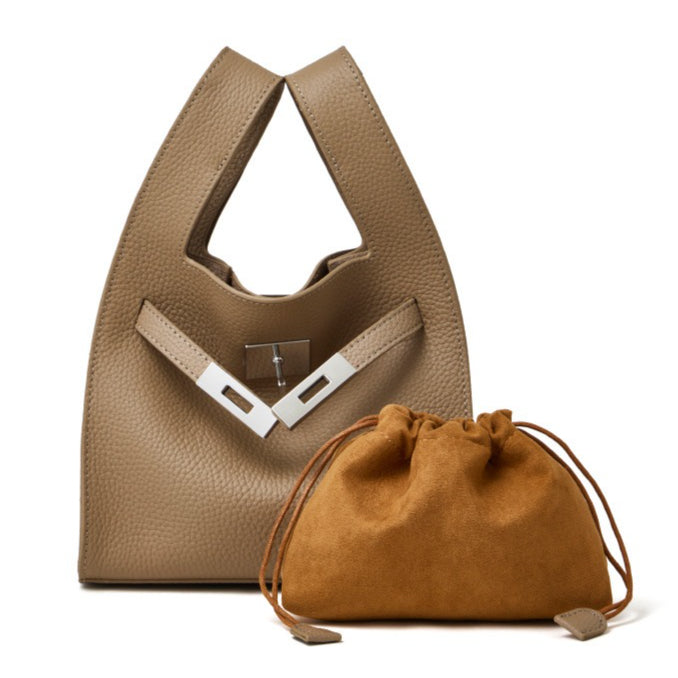 Women's Pebbled Cowhide Twist-Lock Bucket Bag with Inner Pouch
