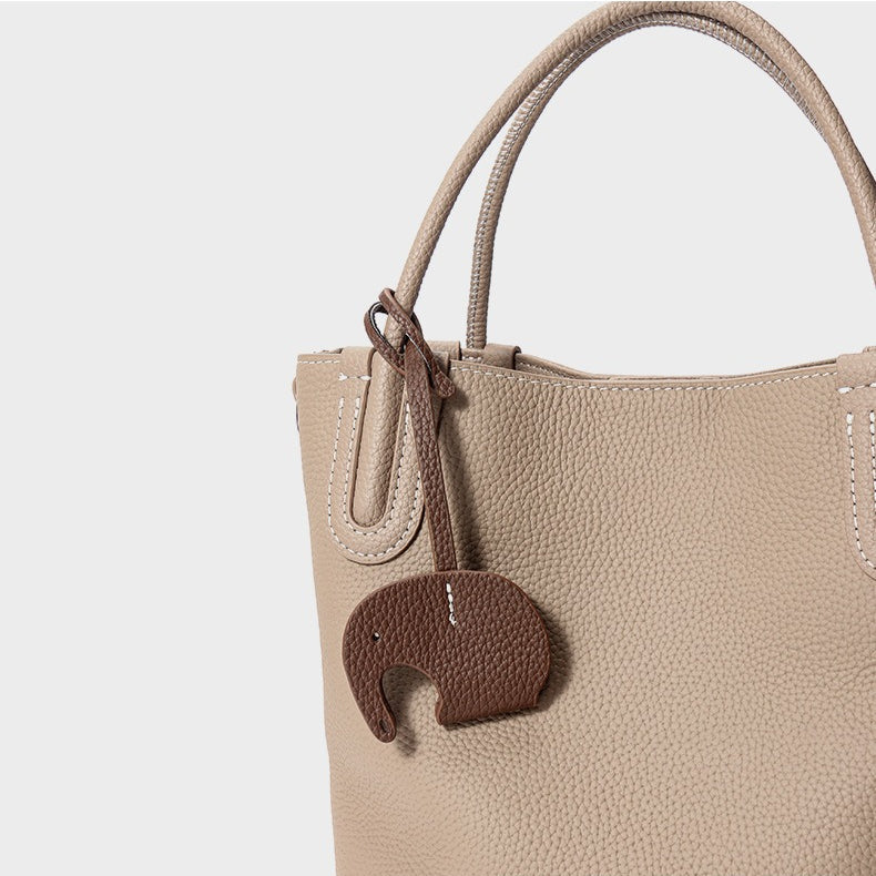 Women's Pebbled Cowhide Elephant Charm Mini Bucket Bag