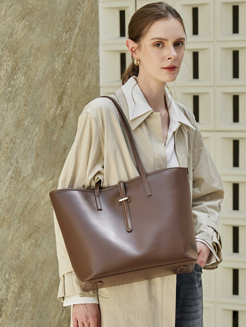 Women's Cowhide Tote Bag Set with Convertible Inner Pouch