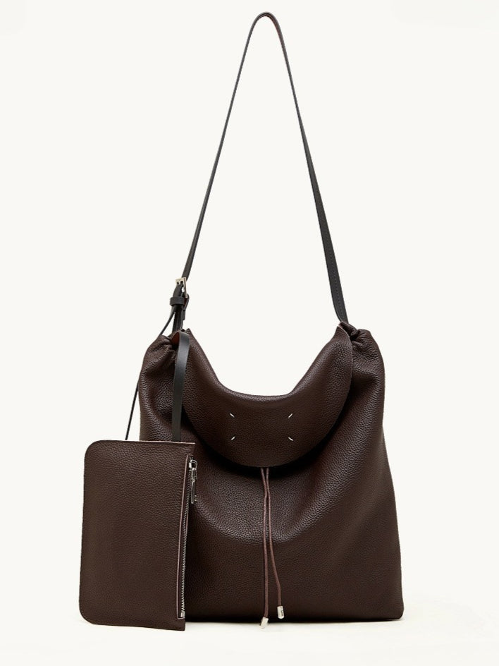 Women's Genuine Leather Slouch Tote Bag with Adjustable Strap & Detachable Pouch