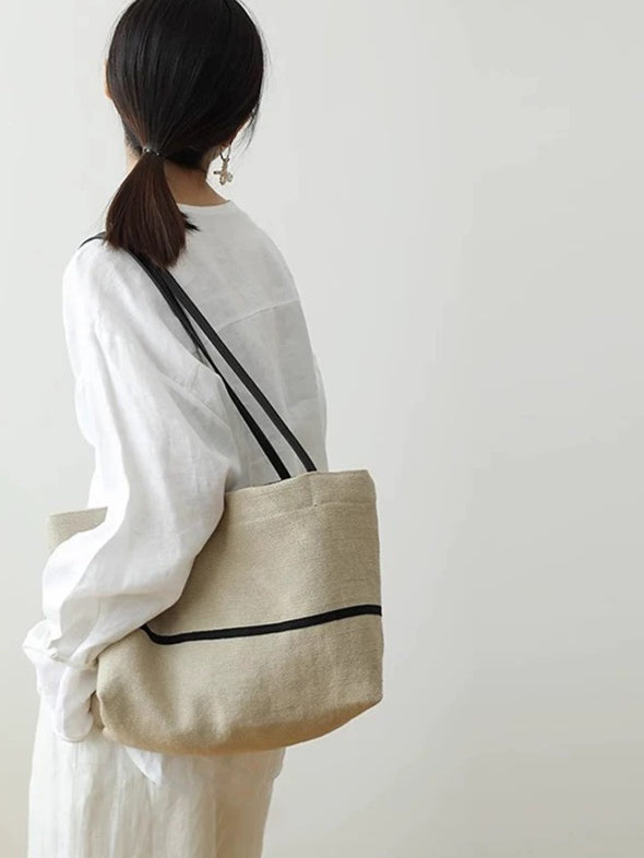 Women's Linen Tote Bag with Structured Base and Wide Straps