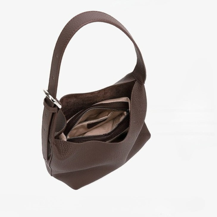 Women's TC Full-Grain Cowhide Hobo Bucket Bag with Adjustable Strap
