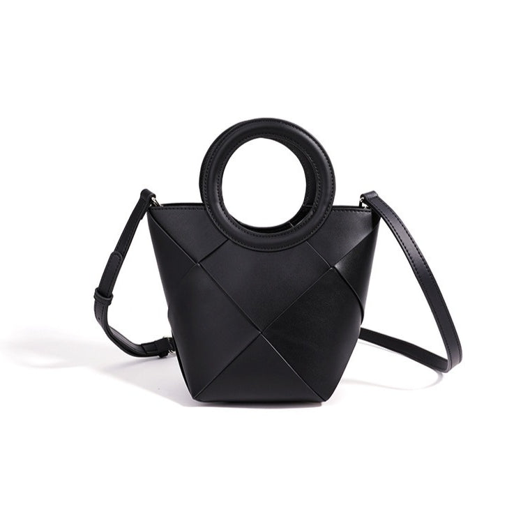 Women's Woven Cowhide Mini Bucket Bag with Adjustable Strap