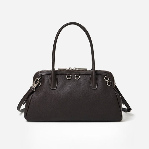 Women's Plain Cowhide Seashell Boston Bag with Double Zipper