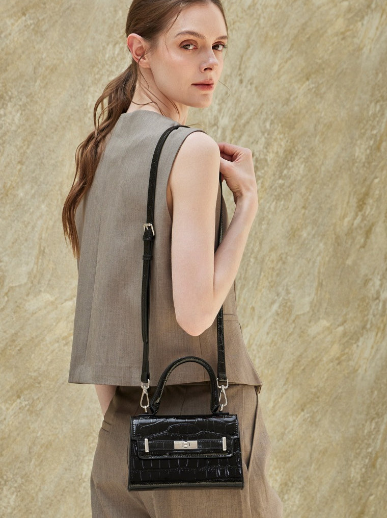 Women's Croc-Embossed Cowhide Structured Top-Handle Bag