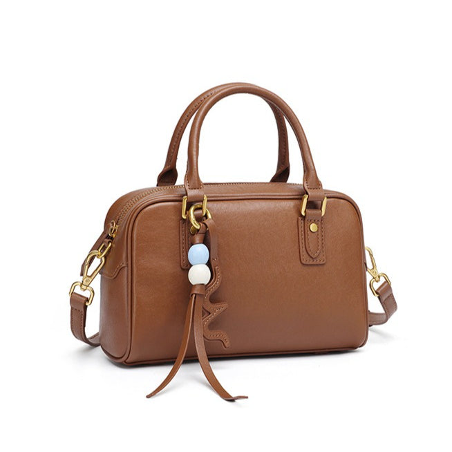 Women's Genuine Leather Boston Bag with Wavy Charm
