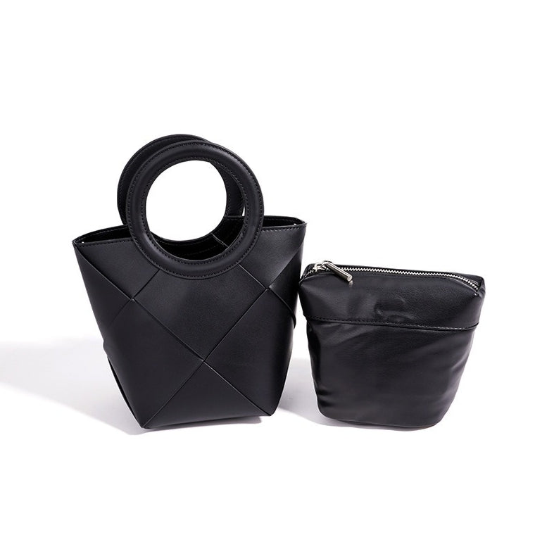 Women's Woven Cowhide Mini Bucket Bag with Adjustable Strap