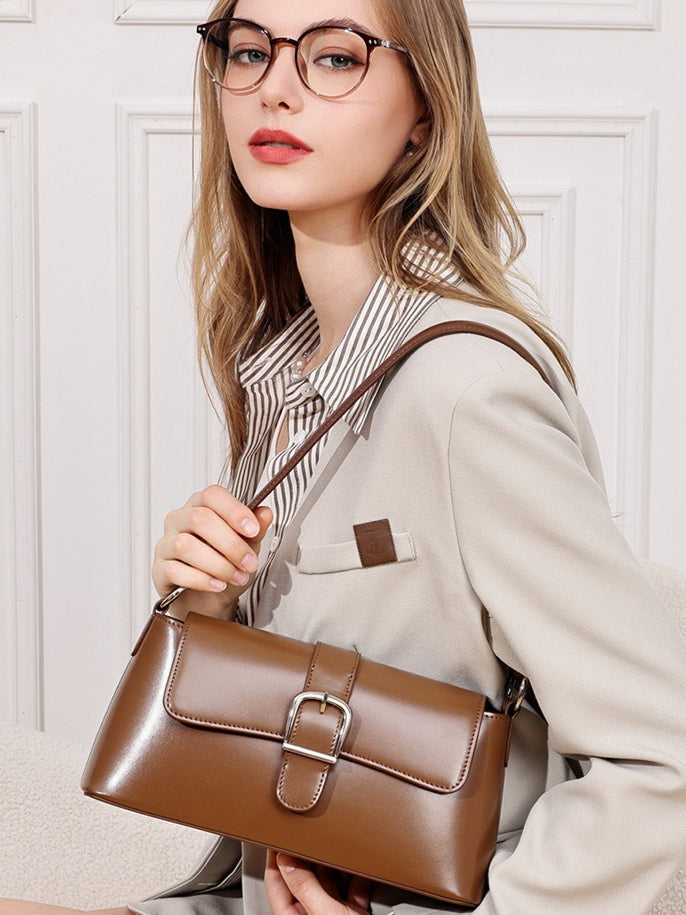 Women's Genuine Leather Vintage Baguette Shoulder Bag with Buckle