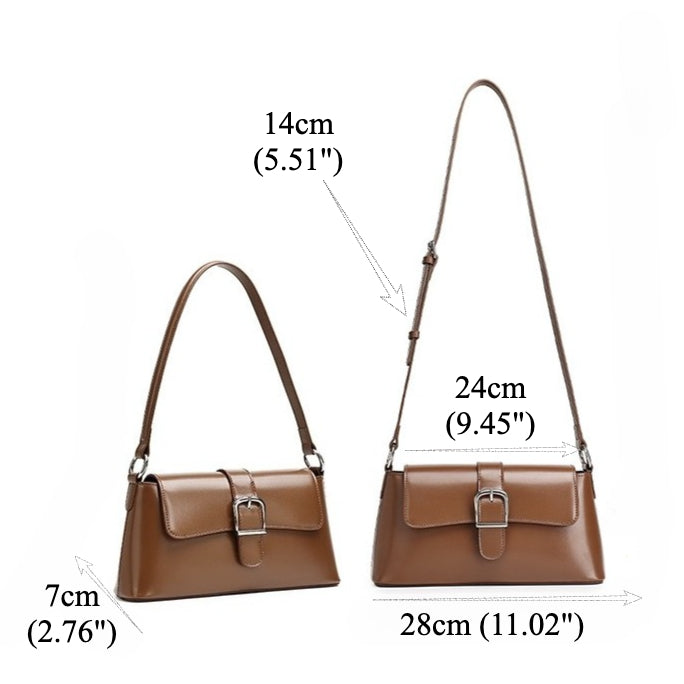 Women's Genuine Leather Vintage Baguette Shoulder Bag with Buckle