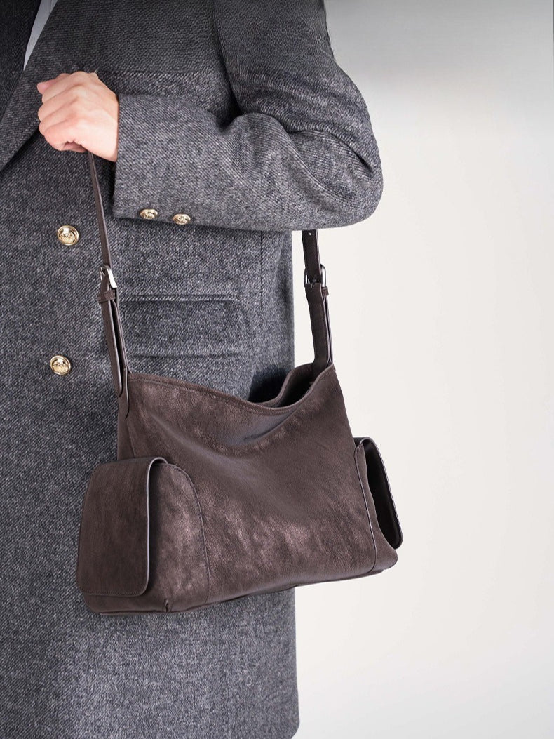 Women's Full-Grain Cowhide Slouchy Shoulder Bag with Side Pockets