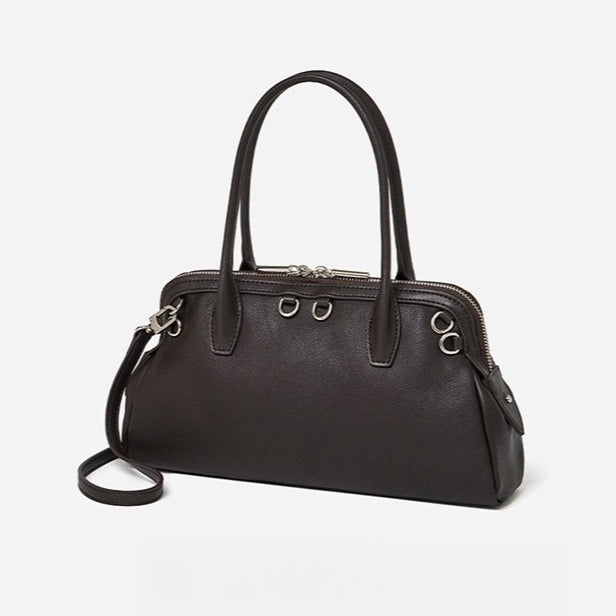 Women's Plain Cowhide Seashell Boston Bag with Double Zipper
